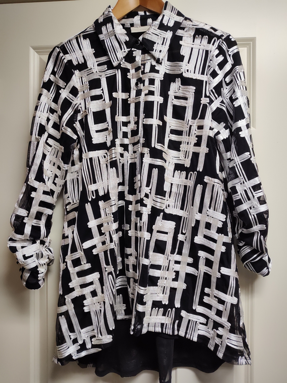 Chico's Black & White Brushstroke Button-Up Jacket